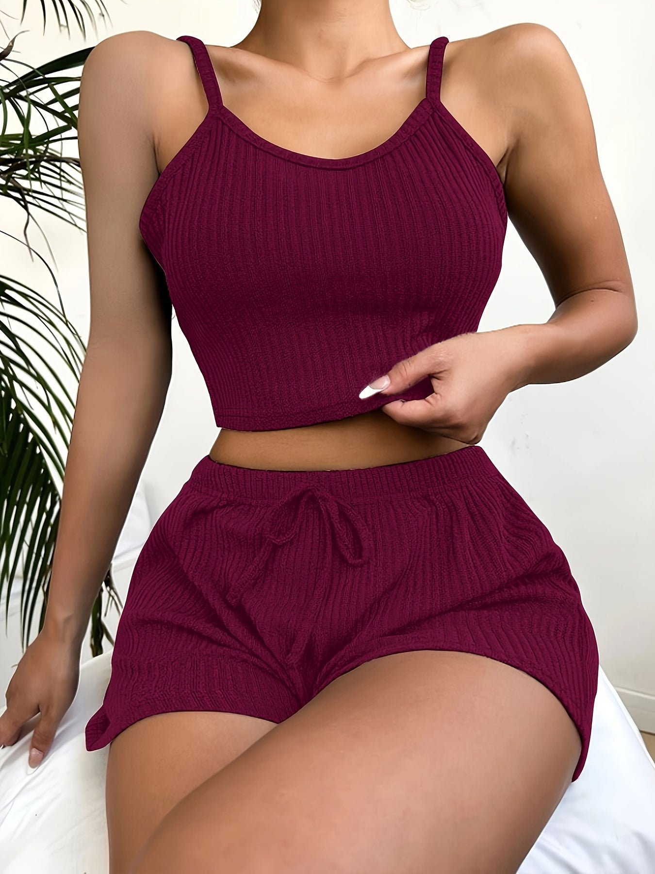 Solid Ribbed Slim Fit Lounge Set, Casual Round Neck Crop Cami Top & Drawstring Shorts, Women's Loungewear