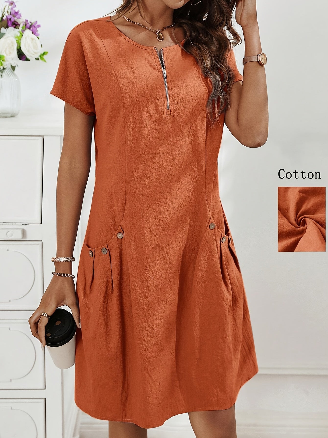 Women's Light Pink Summer Casual Dress with Zipper Half Placket, Button Decor & Double Pockets - Elegant Loose Fit for Spring/Summer, Cute Summer Dresses