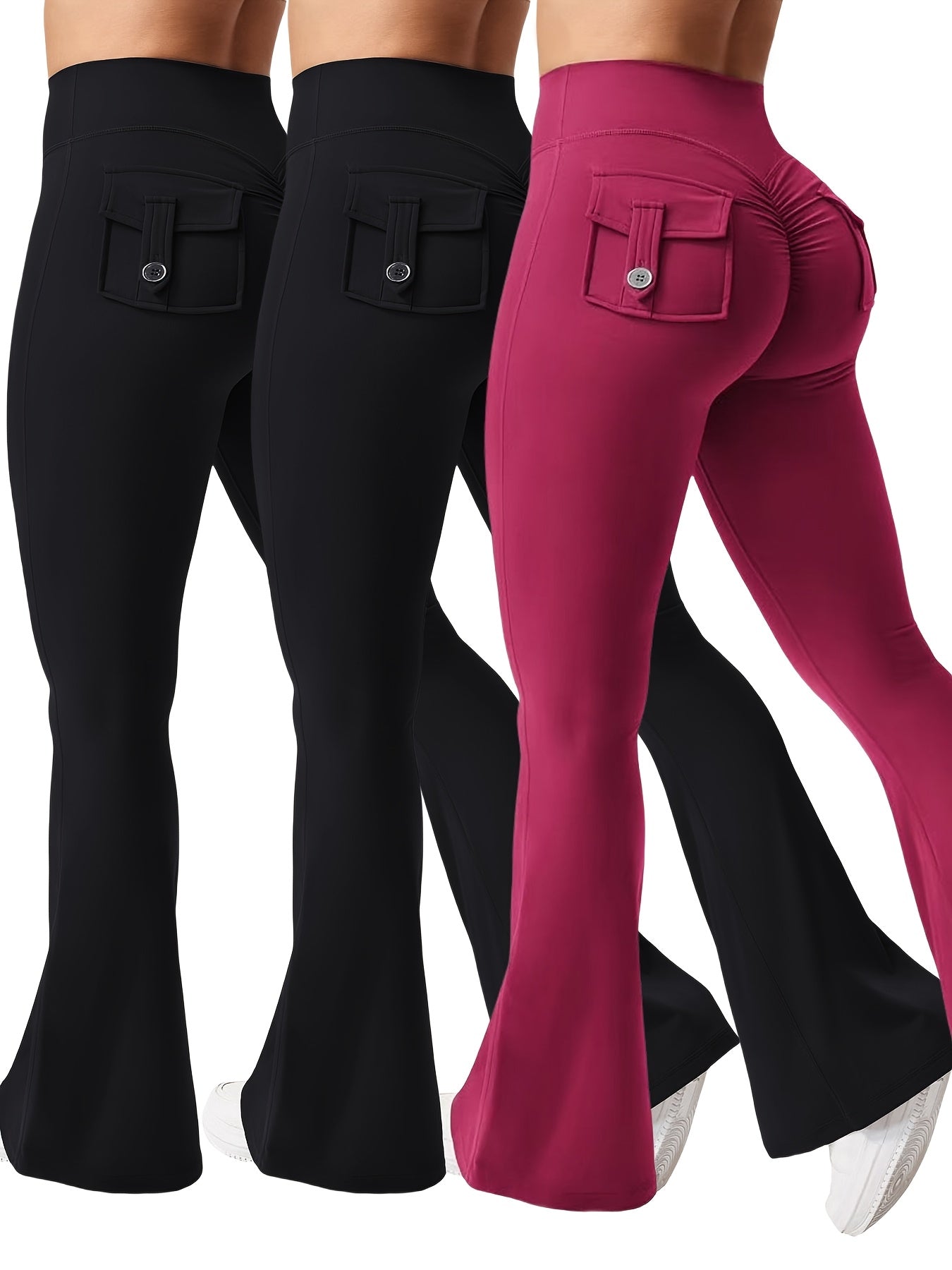 3pcs Women's High Elasticity Yoga Pants with Pockets - Soft Flared Leg Workwear-Style Fitness Pants, Elastic Waistband Tight-Fit Butt-Lifting for Running, Gym & Casual Wear (Black/Grey/Brown), Running Attire | Highwaisted Fla