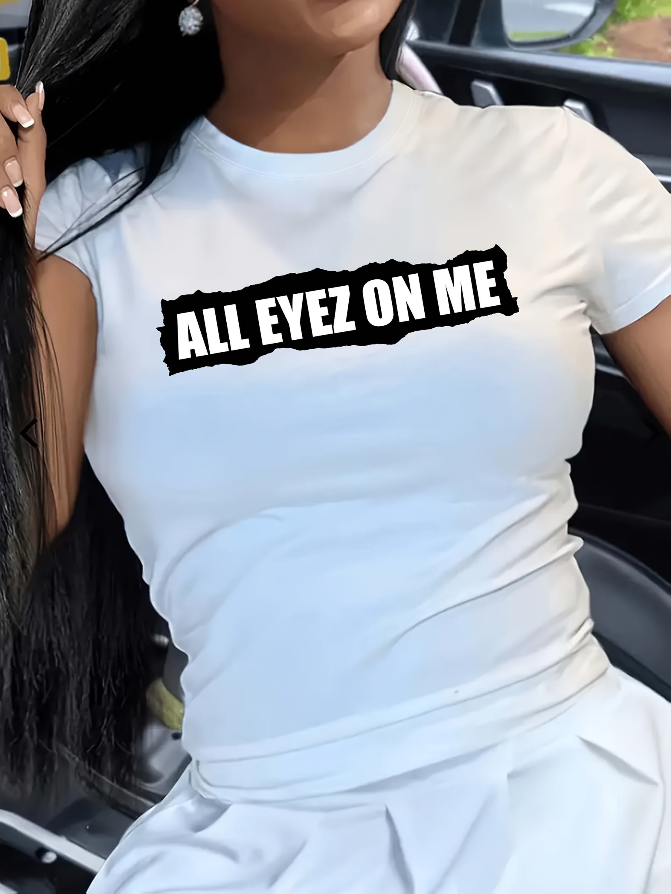 1pc Women'S Casual Crew Neck T-Shirt with Portrait Print, Polyester Knit Fabric, Regular Length, All Season Short Sleeve Tee - "All Eyez on Me" Graphic