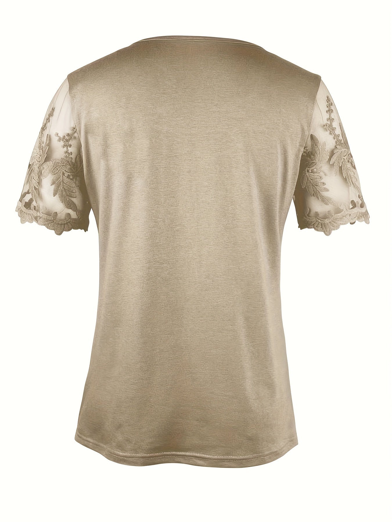Elegant Knitted Square-Neck Short-Sleeve Top for Women, Featuring Solid Color Mesh Embroidery Lace.