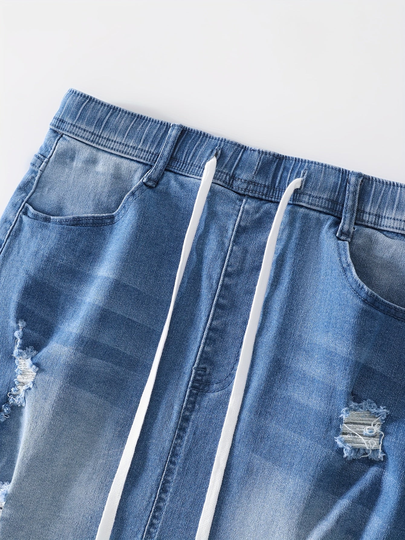 Women'S Bodycon Denim Short Skirt, Casual Ripped Distressed Design, Medium Stretch, Drawstring Waist, Solid Color, Woven Fabric, 320g/m² Lining Weight, for Spring/Summer/Fall