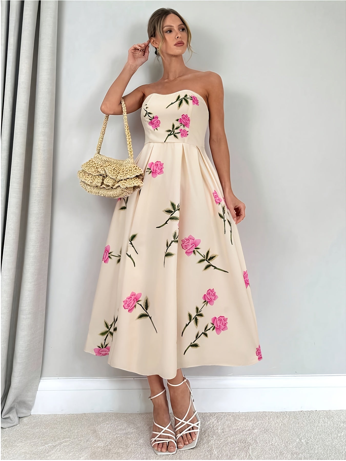 Women's Elegant Off-Shoulder A-Line Floral Print Rose Print Dress - Knee-Length with Ruffled Hem & Waist Tie, Machine Washable for Weddings, Parties, Graduations, Prom - Pink Floral Print Formal Evening Dress, Event Attire |