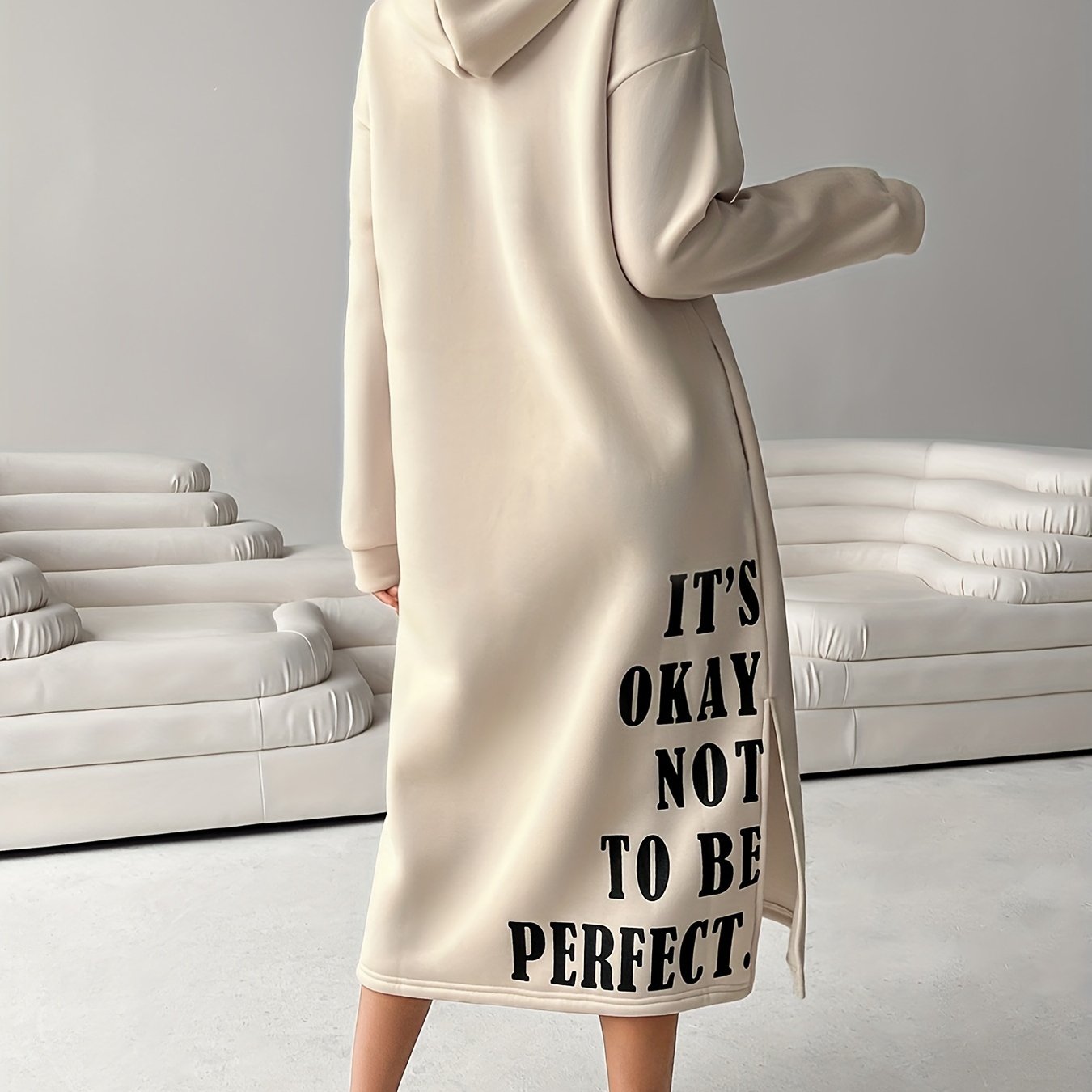 Cozy Letter Print Drawstring Hooded Sweatshirt Dress - Women's Casual Long Sleeve Loose Fit Clothing for Fall & Winter, Soft and Warm Fleece Lined Dress with Adjustable Drawstring Waist