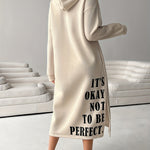 Cozy Letter Print Drawstring Hooded Sweatshirt Dress - Women's Casual Long Sleeve Loose Fit Clothing for Fall & Winter, Soft and Warm Fleece Lined Dress with Adjustable Drawstring Waist