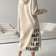 Cozy Letter Print Drawstring Hooded Sweatshirt Dress - Women's Casual Long Sleeve Loose Fit Clothing for Fall & Winter, Soft and Warm Fleece Lined Dress with Adjustable Drawstring Waist
