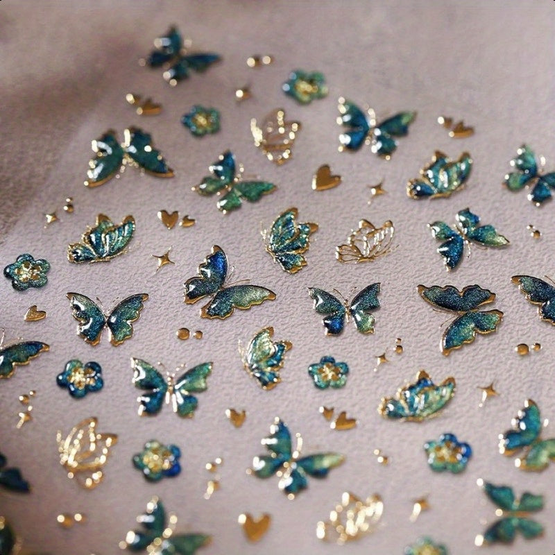 1 Sheet 5D Embossed Green & Golden Butterfly Nail Art Stickers - Self-Adhesive Floral Nail Decals with Glitter Accents, Spring Summer DIY Manicure Supplies for Women Girls, Beauty Enhancements | Spring Summer Theme | Intricat