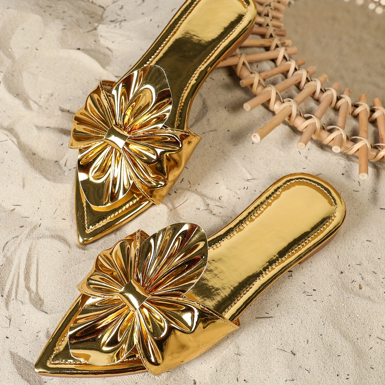 Women'S Golden Pointed Toe Mules with Bow Detail - Slip-On Flat Sandals, Synthetic Upper, TPR Sole, All-Season Comfort Shoes, Fashionable Footwear|Elegant Footwear|Synthetic Sandals