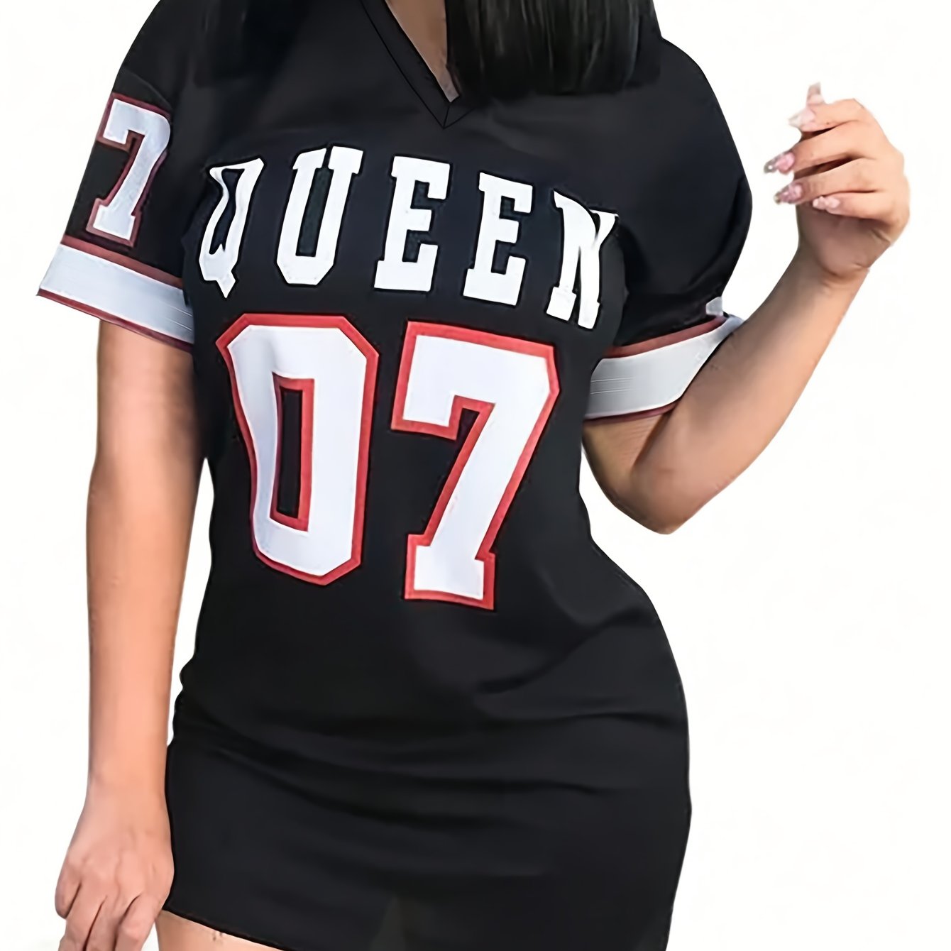 Women's Elegant V-Neck Short Sleeve Letter Print Midi Dress - Stretchy Polyester Blend, Black with "QUEEN 07" Design, Form-Fitting Mid-Length Dress for All Seasons