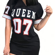 Women's Elegant V-Neck Short Sleeve Letter Print Midi Dress - Stretchy Polyester Blend, Black with "QUEEN 07" Design, Form-Fitting Mid-Length Dress for All Seasons