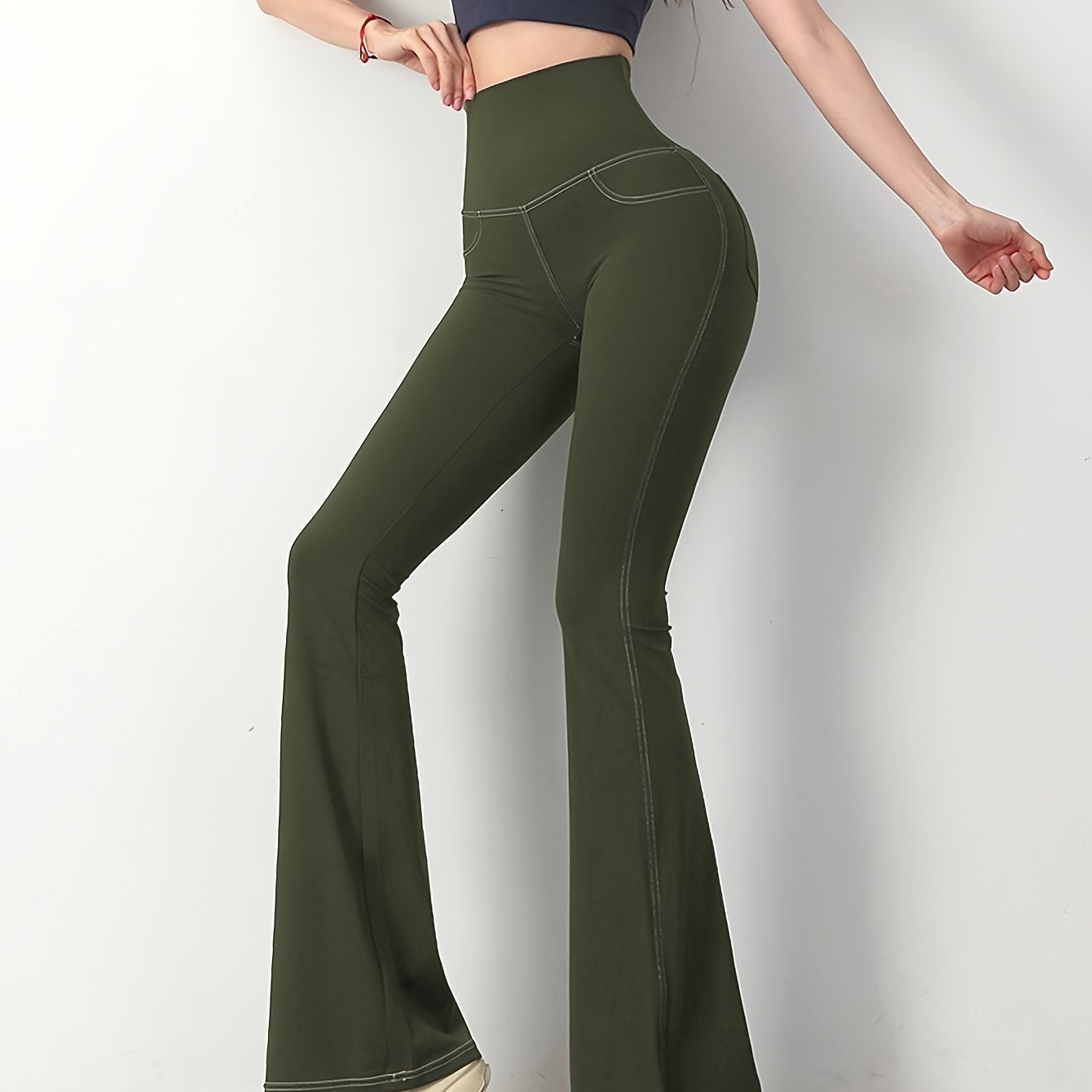 Solid Color Imitation Denim Yoga Pants With Pockets, Sports Fitness Yoga Running Flared Leggings, Women's Clothing Wide Waistband