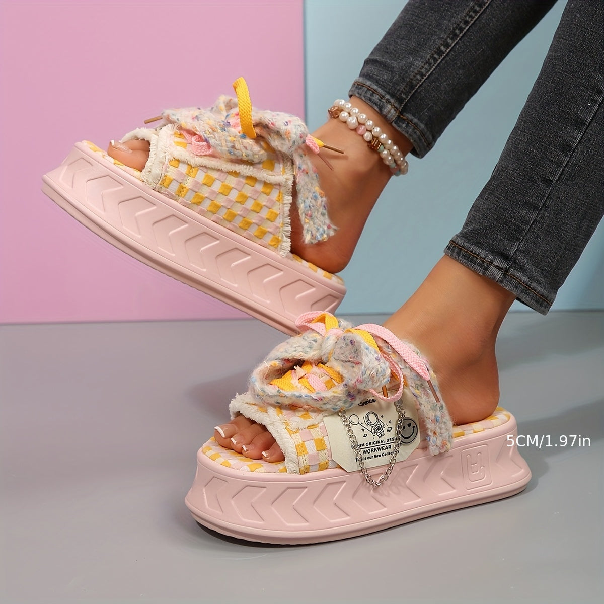 Women's Cute Thick Sole Slide Sandals - Spring/Summer 2025 Collection, Pastel Checkered Design with Bowknot, Open Toe, Fabric Upper & Rubber Sole, Comfortable Outdoor Wear, Casual Sandals | Bowknot Detail | Soft Strap Sandals