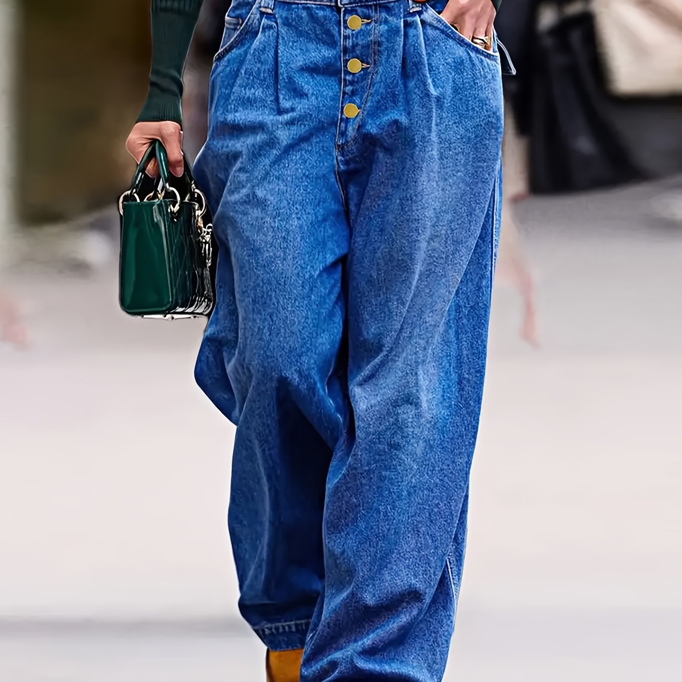 Wide Leg Denim Jeans, High Waist Button Fly, Baggy Pleated Style, Blue