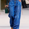 Wide Leg Denim Jeans, High Waist Button Fly, Baggy Pleated Style, Blue