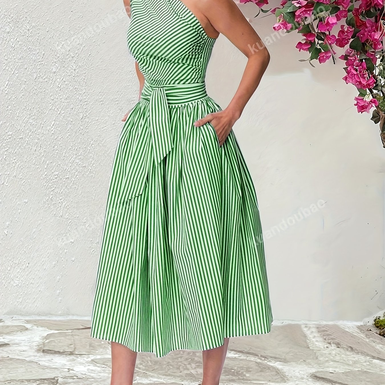 Women'S Casual Loose Fit Striped Sleeveless Dress with Belt, Off the Shoulder Collar, Side Pockets - Perfect for Spring/Summer