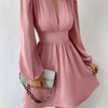 Women's Elegant Waist-Cinching Long Sleeve Dress - Soft Pink Small Round Neck Blouse-Style Top with Flared Skirt, Machine Washable Spring/Fall Office & Casual Wear