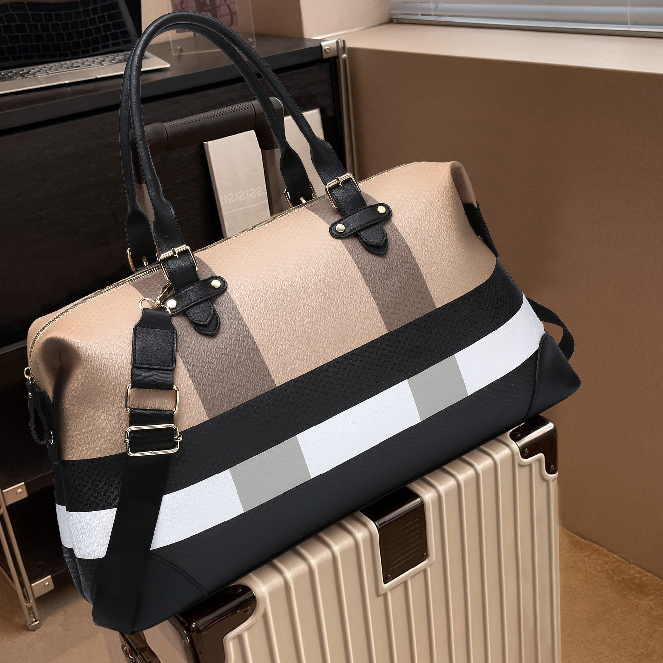 PU leather large overnight travel bag striped pattern handbag carry-on luggage bag suitable for vacation, overnight, camping, hiking, sports and fitness