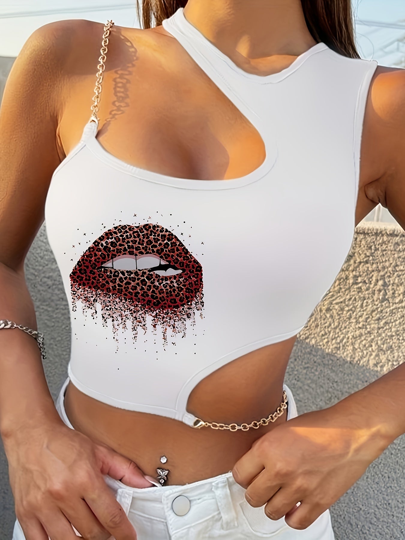 Lips Print Chain Strap Asymmetrical Tank Top, Casual Stylish Slim Fit Crop Top For Spring & Summer, Women's Clothing