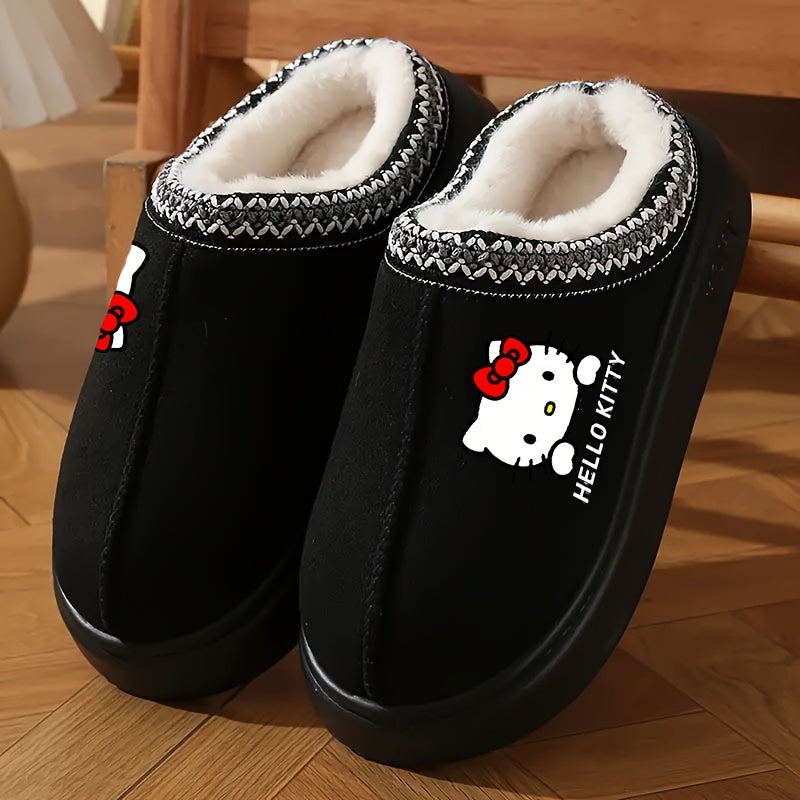 Sanrio Hello Kitty Plush Lined Slippers for Women - Cozy Thermal Winter Home Shoes with Thick Non-Slip EVA Sole, Brown Cover Upper with Decorative Stitching, Hand Wash or Dry Clean, House Slippers