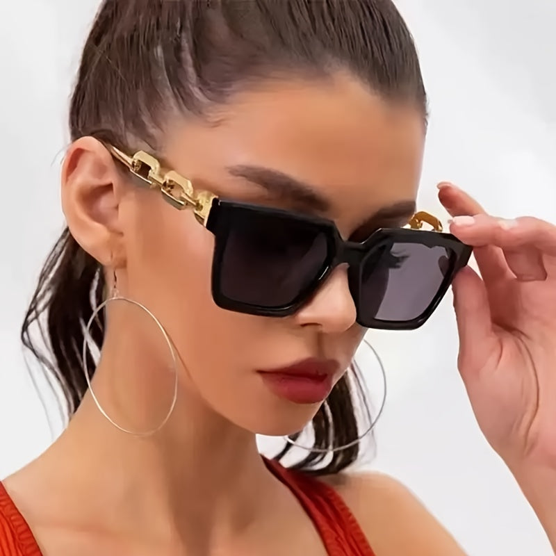Ladies' Luxurious Square-shaped Fashionable Glasses, With Golden Chain Legs, Reflective Lenses, Transparent Frames, Very Suitable For Vacation And Casual Wear During Classes | Decorative Chain Details | Golden Decoration
