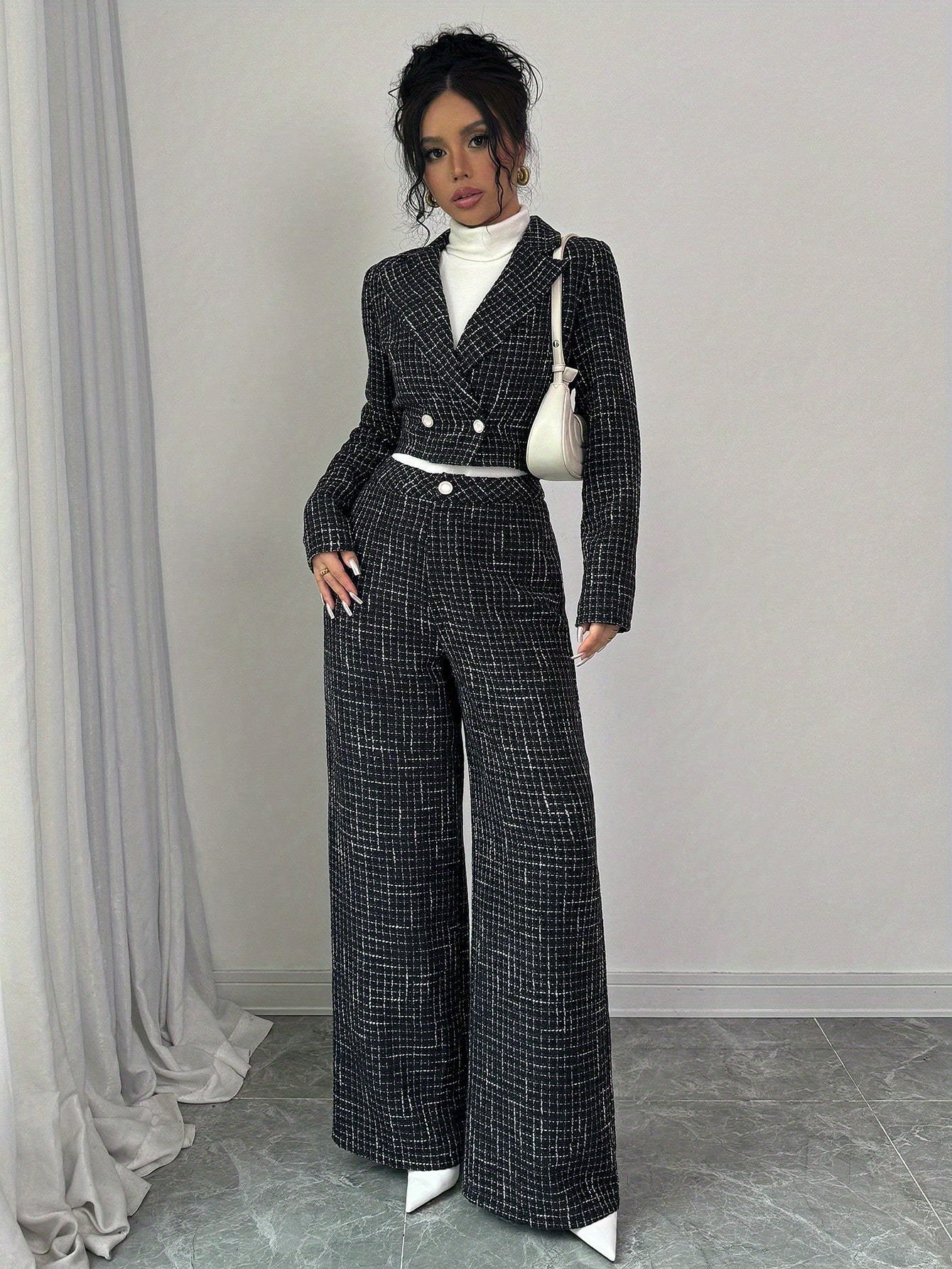 2pcss Women Elegant Set - Plaid Printed Double-Breasted Long Sleeve Blazer Jacket & Loose Fit Trousers 2pcs Set