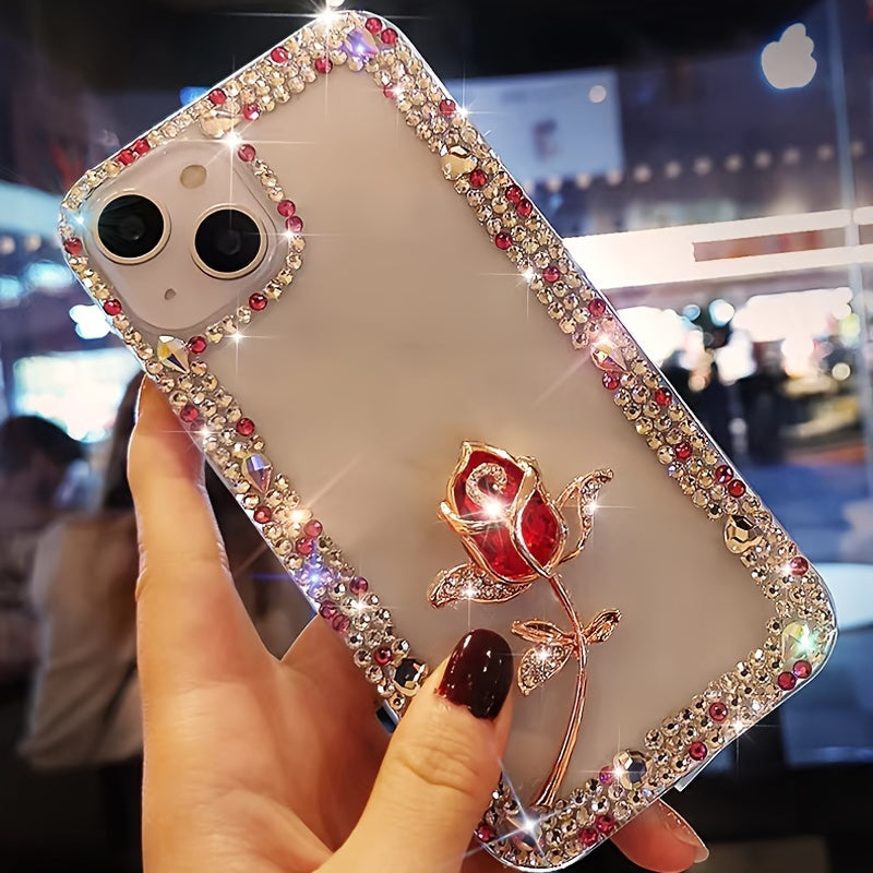 [1pc Luxurious Rose Flower Phone Case] Luxurious And Stylish Three-Row Glass Hardware Rose Flower Phone Case with Sparkle Bracelet Strap, Suitable for Iphone 16 Pro Max, Shockproof Phone Cover.