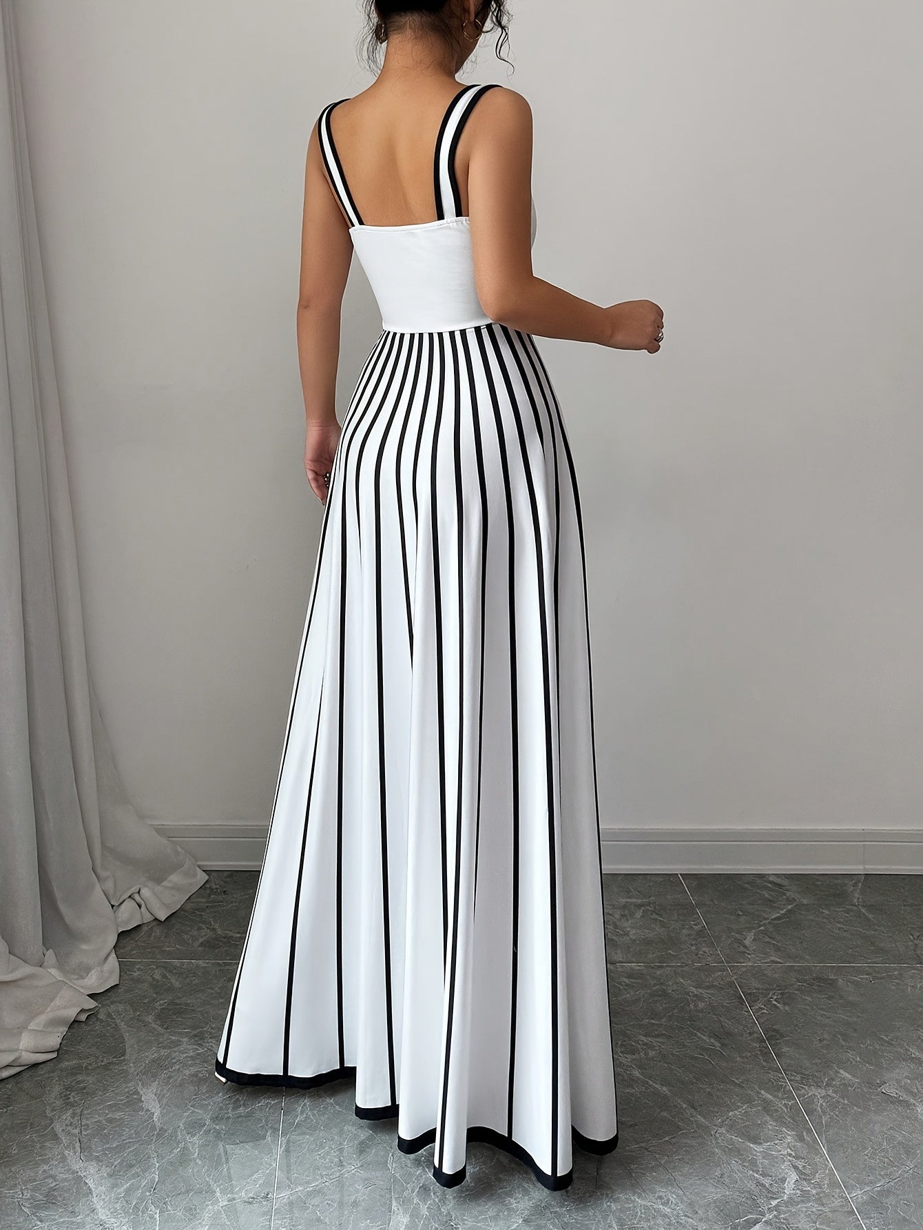 Elegant Striped Sleeveless Maxi Dress for Women - Square Neck, Button Detail, Black & White Vertical Stripes, Flowy Design, Machine Washable, Perfect for Casual or Chic Outfits