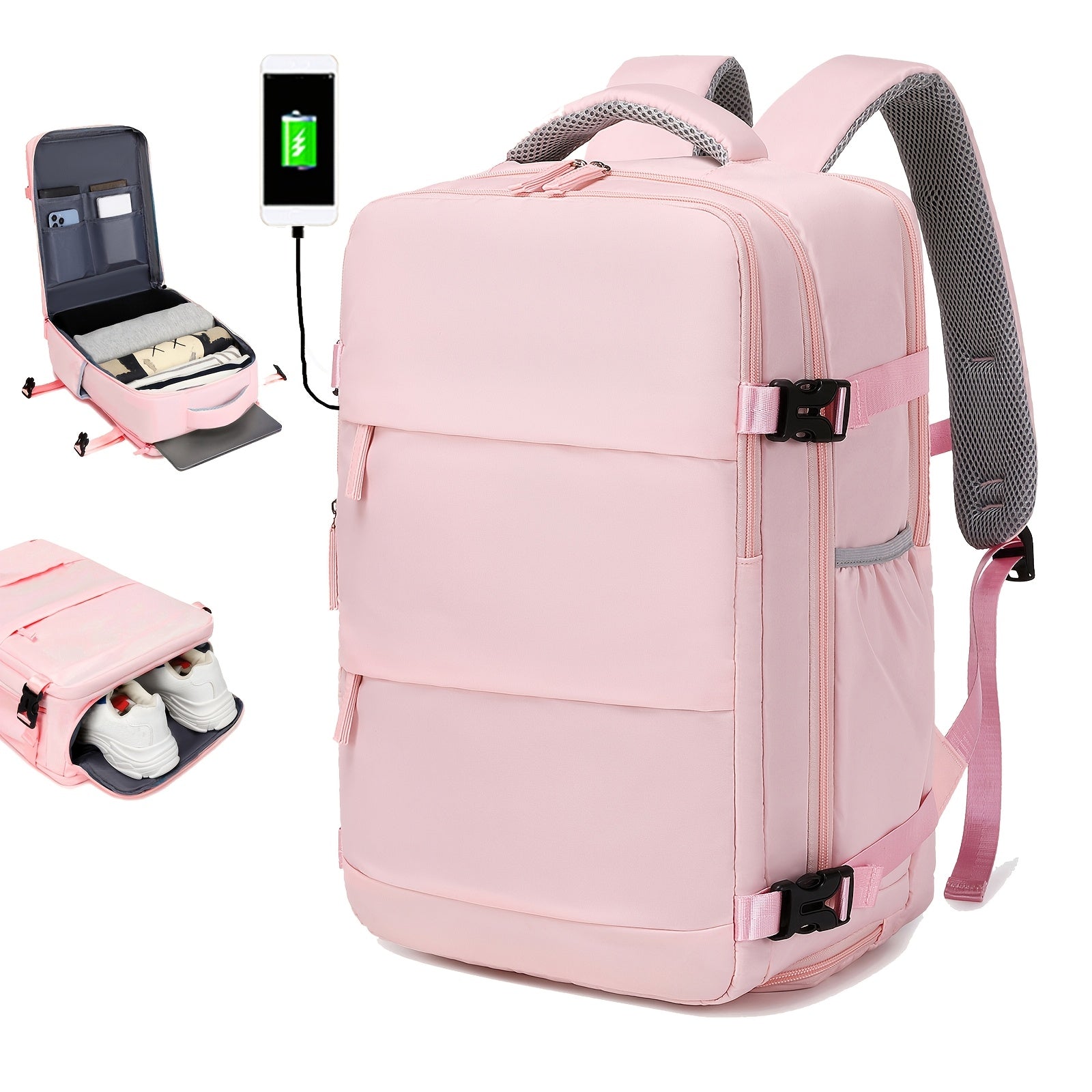 Airlines Approved Women'S Travel Backpack with Shoe Compartment, Casual Laptop Bag, Adjustable Strap, Zipper Closure, Polyester Lining, Solid Color, USB Powered - Multi-Color Options