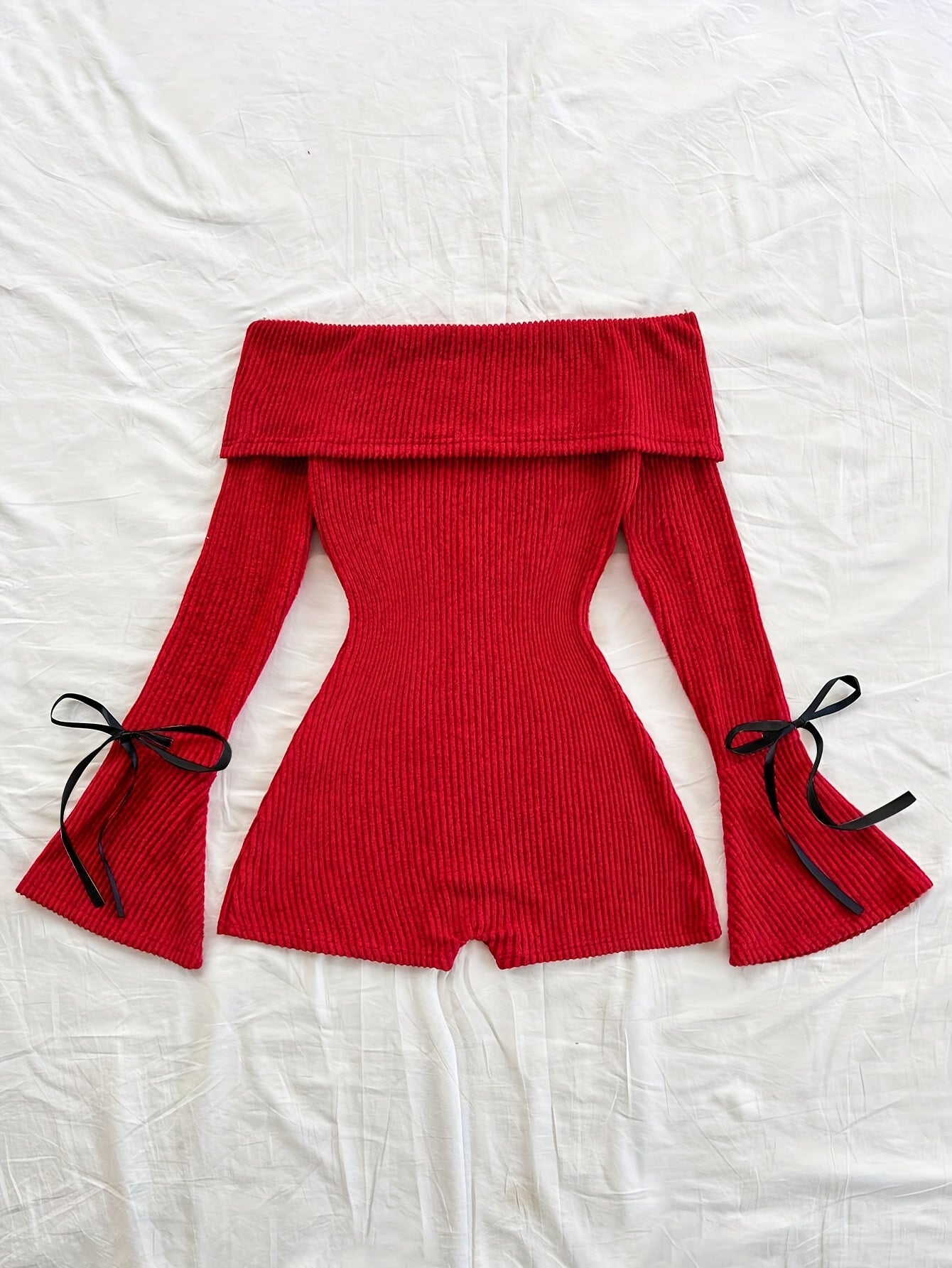 Elegant Direction Women'S New Autumn And Winter Knitted Solid Color Off-Shoulder Long Sleeve Flared Jumpsuit.