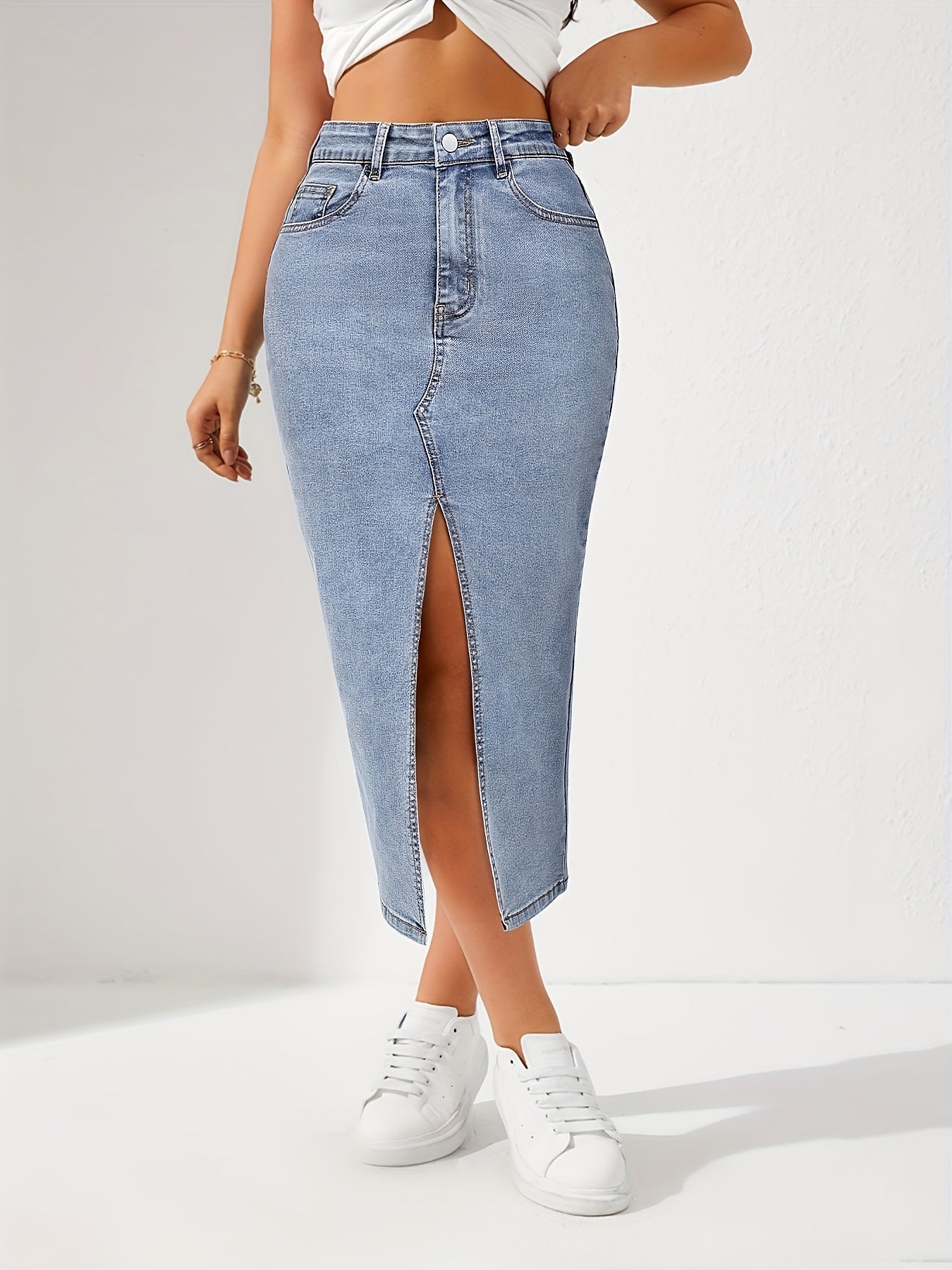 Vintage Light Blue Denim Midi Skirt with High-Waisted Split Hem & Frayed Detail - Women’s Retro Bohemian Style, Classic American Denim Fashion for Spring/Summer/Fall, Denim Skirt