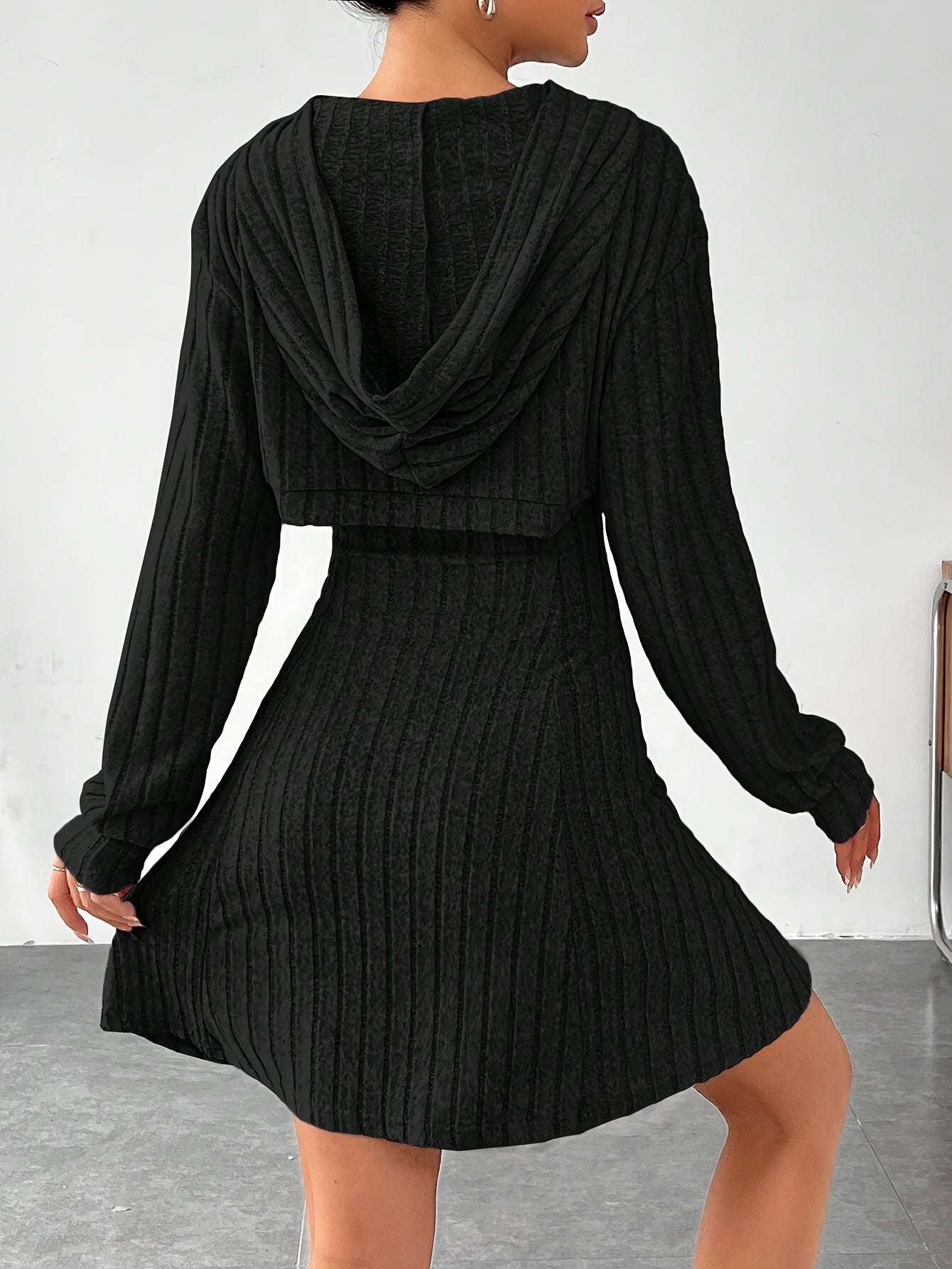 Long Sleeve Solid Color Ribbed Hoodie Shrug Top & Sleeveless Square Neck A-line Tank Dress Set, Women's Clothing Outfits