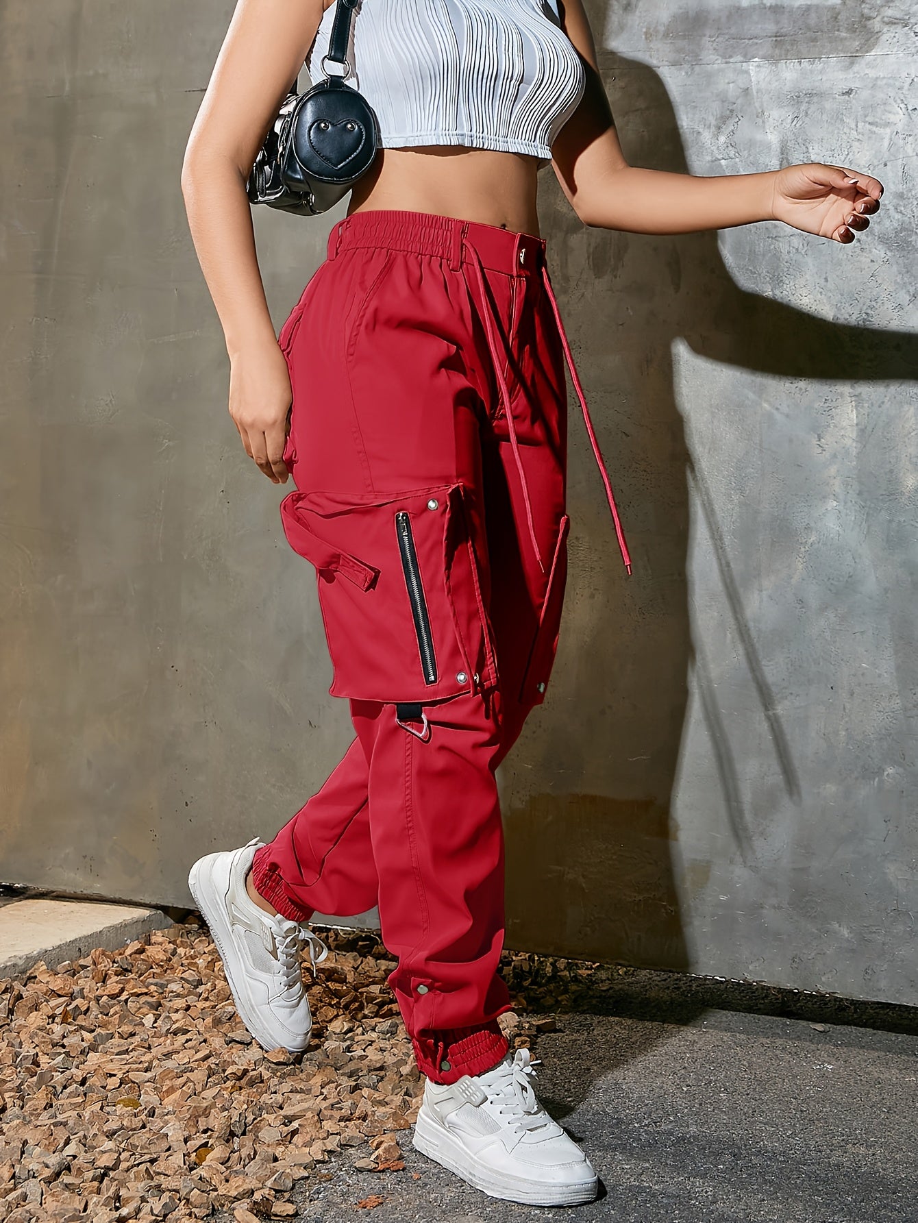 1pc Women'S Casual Cargo Pants, Polyester, Solid Color, All-Season Tapered Leg Workwear, 140g/m² Woven Fabric with 3D Pockets