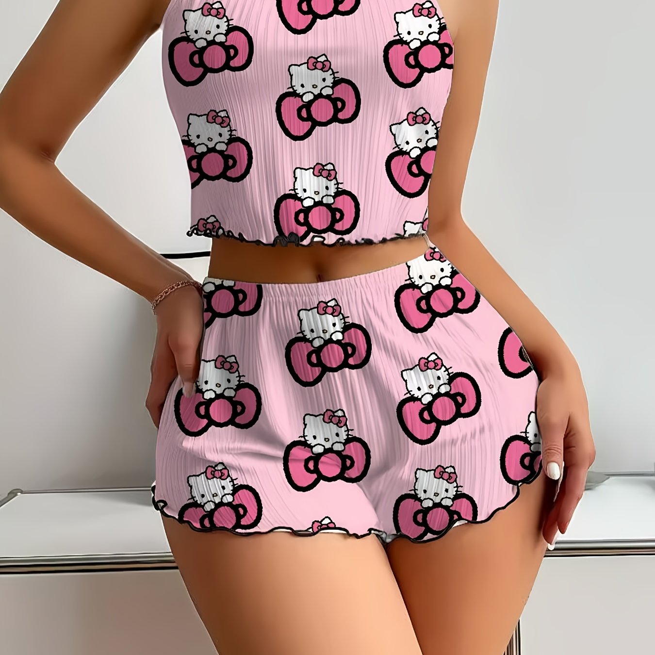 Sanrio for hello kitty Women'S Shorts Set - Elegant Off-Shoulder, Cartoon Print, Polyester Knit Pajamas with Ruffle Detail, All-Season Comfort, Adult Sleepwear, Shorts Set|Playful Print|Polyester Fabric