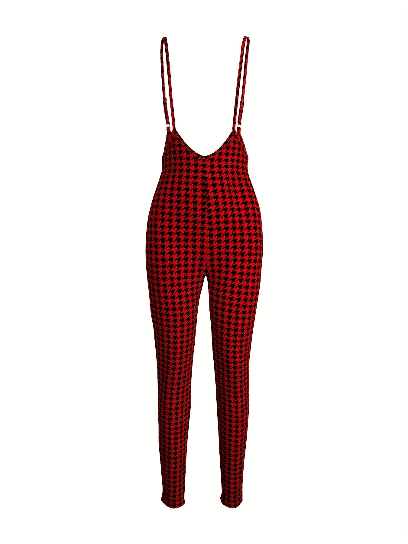 1pc Women's Sexy Houndstooth Pattern Jumpsuit, Polyester Knit Fabric with Elastane, Collarless Design, All-Season Fashion Pants, European And American Style, Geometric Pattern, Halter Neck