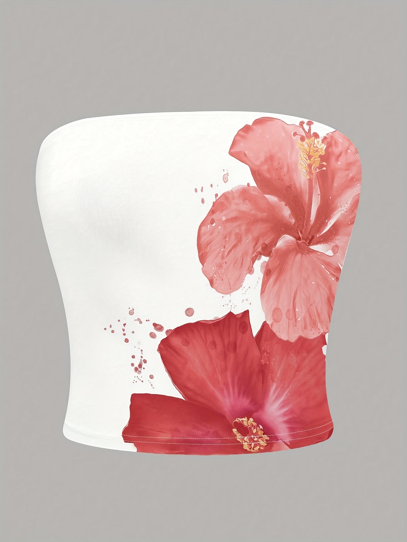 Women's Y2K Floral Print Tube Top - Stretchy, Non-See-Through Casual Sleeveless Shirt with Vibrant Hibiscus Design, Machine Washable, White, Beachwear | Crop Top | Stretchy Fabric