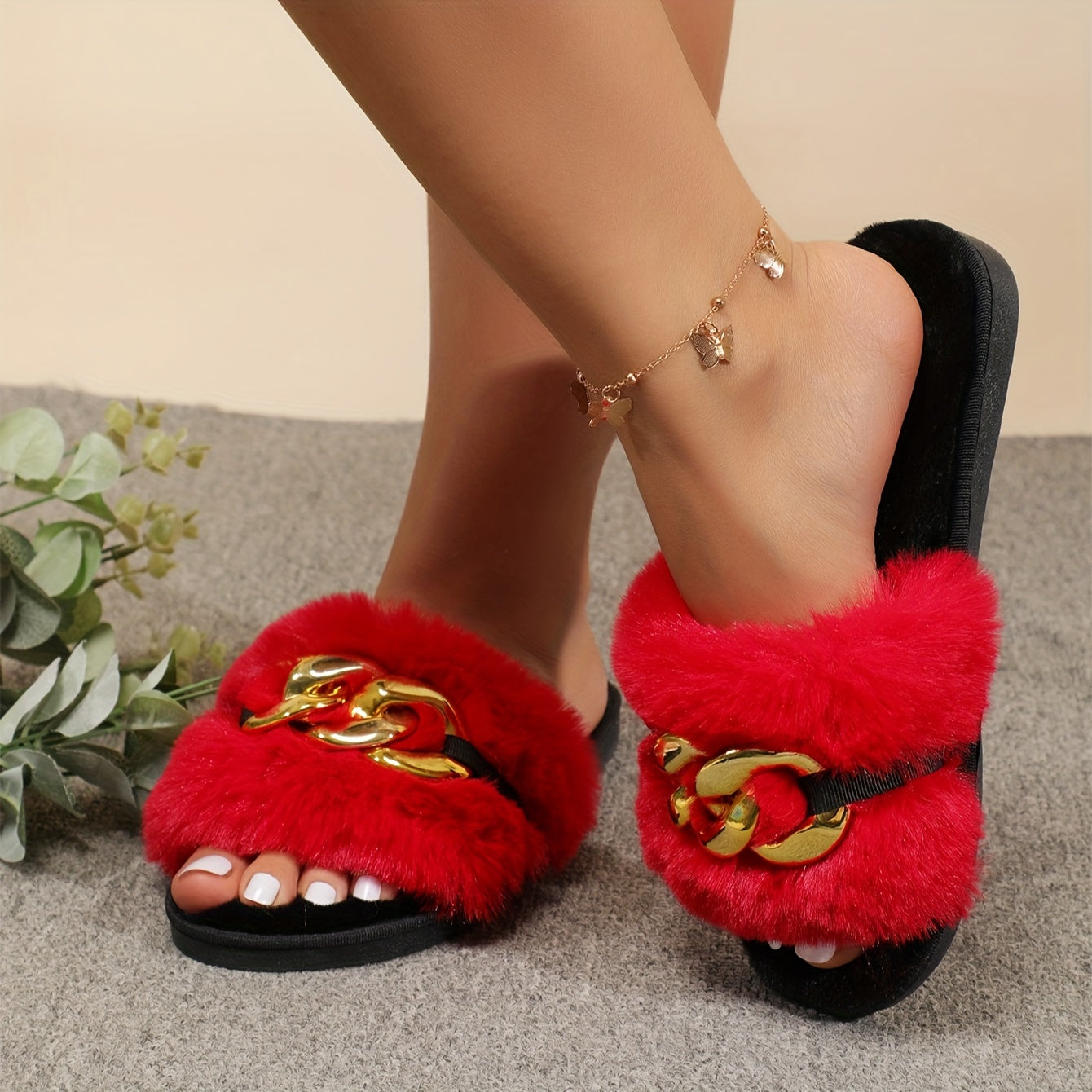 Chain Decor Furry Slippers, Casual Slip On Plush Shoes, Comfortable Indoor Home Slippers
