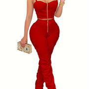 PORRCEY Sexy Solid Color Party Pantsuits, Zipper Front Slim Crop Cami Top & High Waist Ruched Pants Outfits, Women'S Clothing