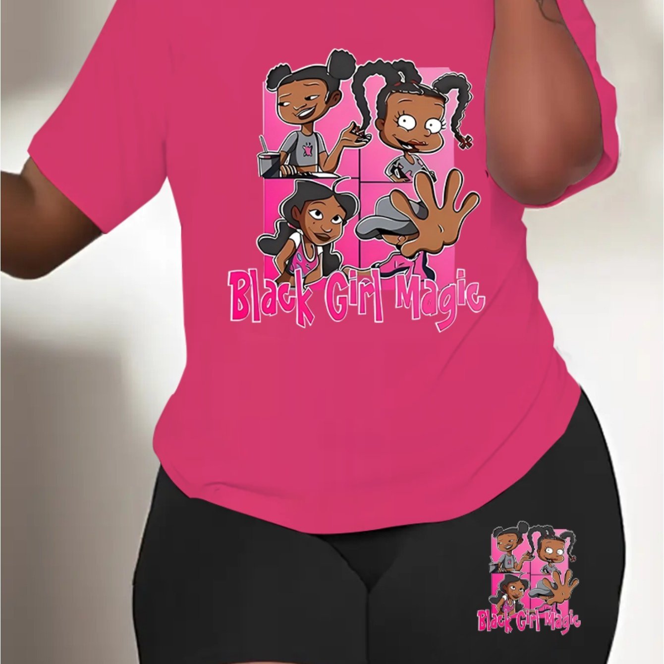 Women's casual cartoon print, polyester knit T-shirt and shorts leggings set, crewneck short sleeves, regular fit, all seasons