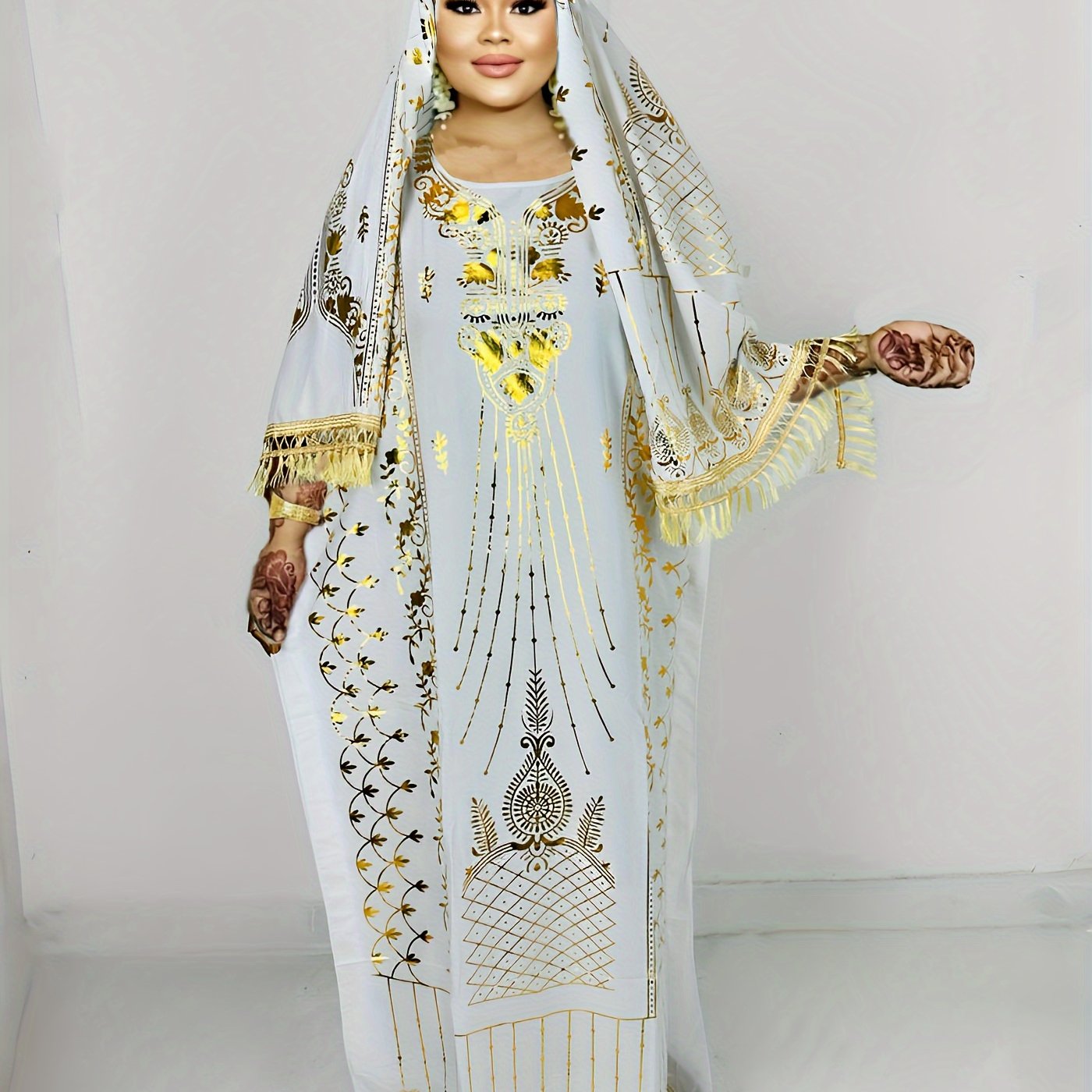Plus Size Floral Pattern Maxi Kaftan Dress - Classic Crew Neckline, Dramatic Batwing Sleeves, Elegant Design - Designed for Plus Size Women, Part of Our Womens Clothing Collection