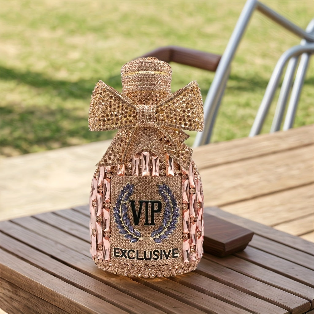 Elegant Rhinestone Champagne Bottle Clutch - Sparkling Evening Purse with Detachable Strap, Magnetic Closure for Women - Available in Lavender, Pink, Green, Navy, Golden, Silvery