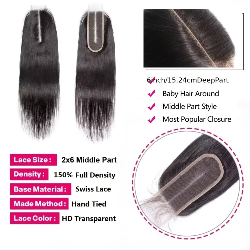 3 Bundles Unisex Brazilian Virgin Straight Hair, 2x6 HD Lace Closure, 100% Unprocessed Human Hair Weave, Unisex-adult