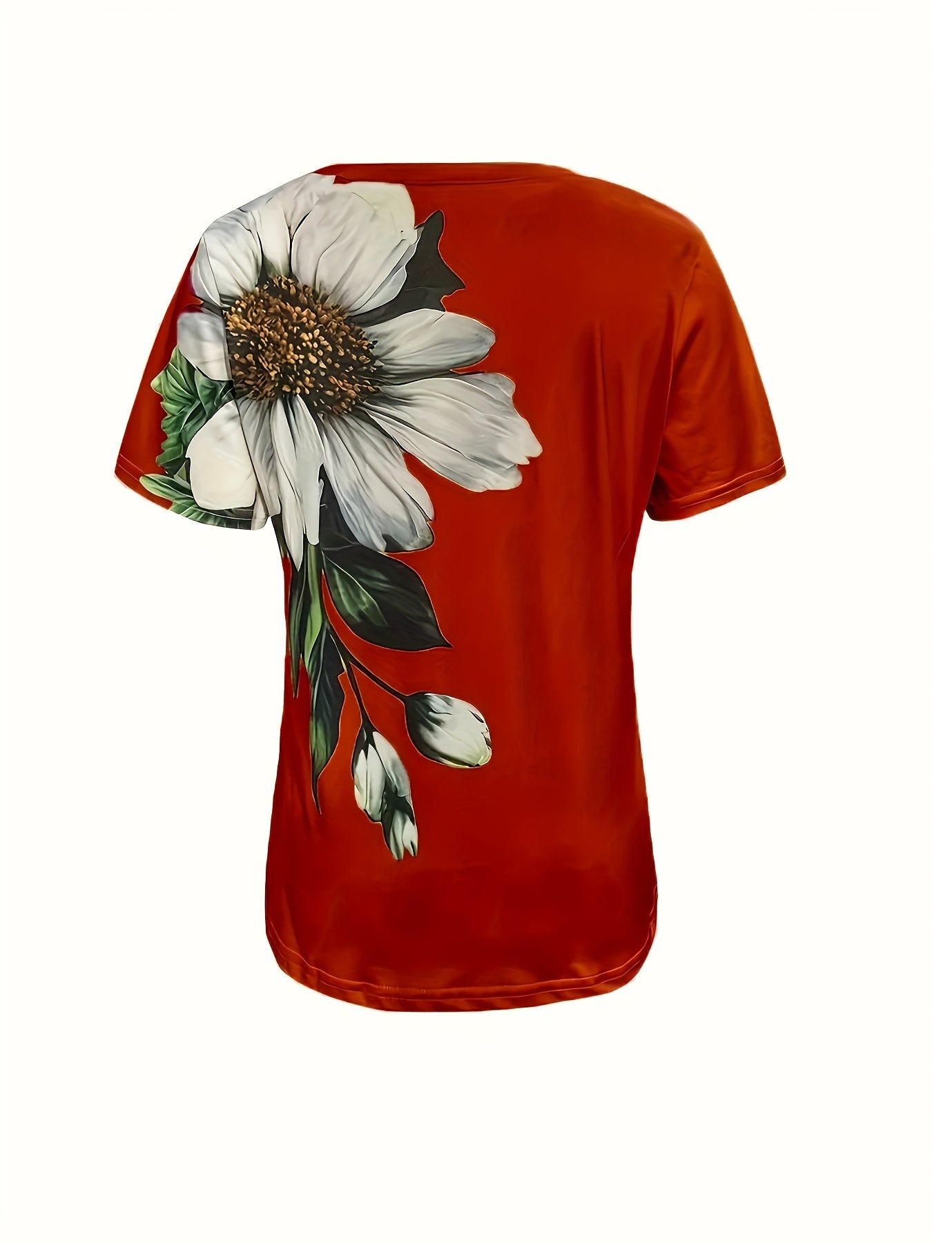 Women's Elegant Floral Print Short Sleeve T-Shirt - Bright Red with White Daisies and Green Leaves, Breathable Spring/Summer Casual Top | Floral Casual Tee | Comfort Fit, Women's T-Shirt