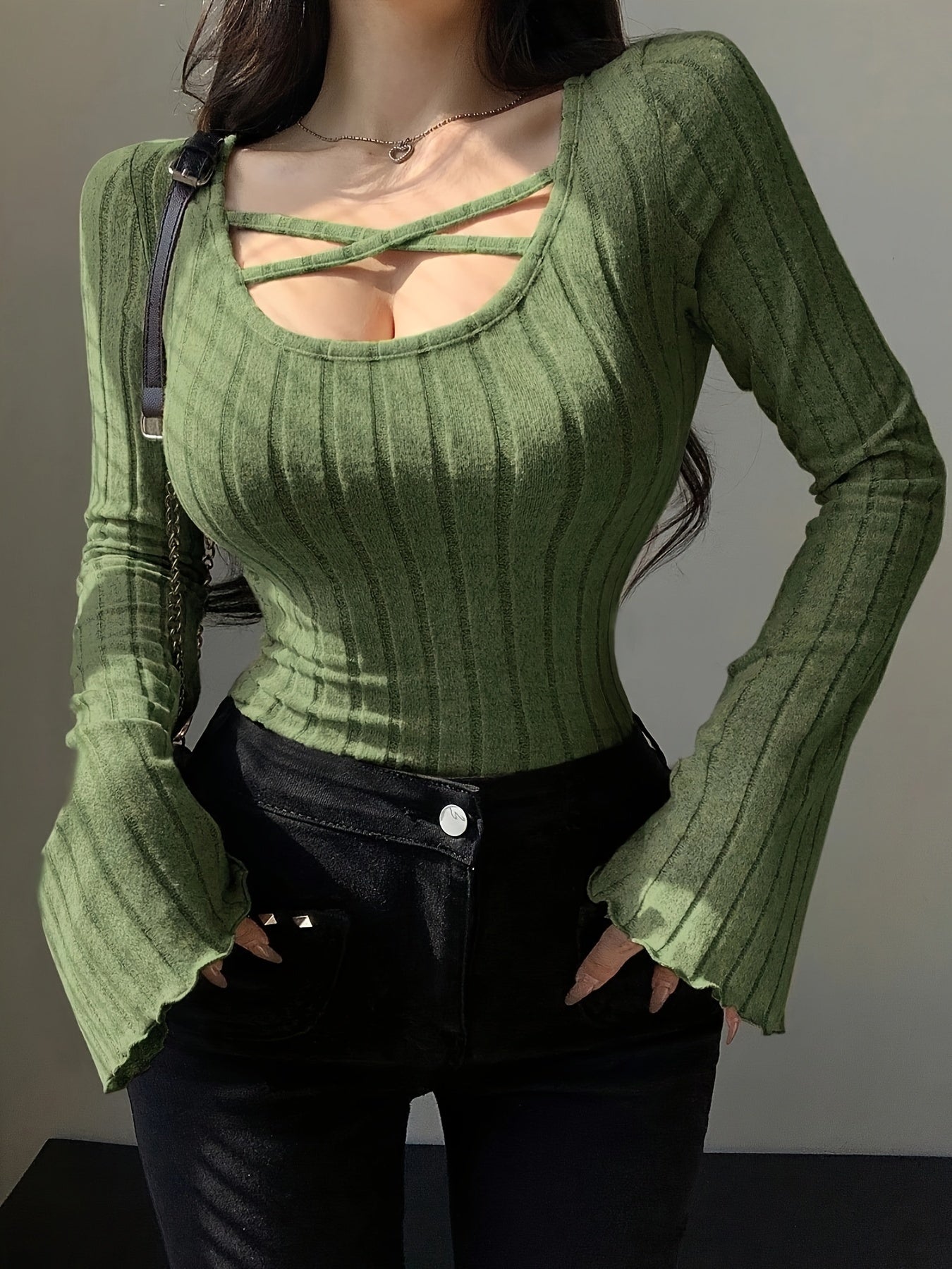 Crisscross Scoop Neck Skinny Top, Casual Solid Color Long Sleeve Ribbed Top For Spring & Fall, Women's Clothing