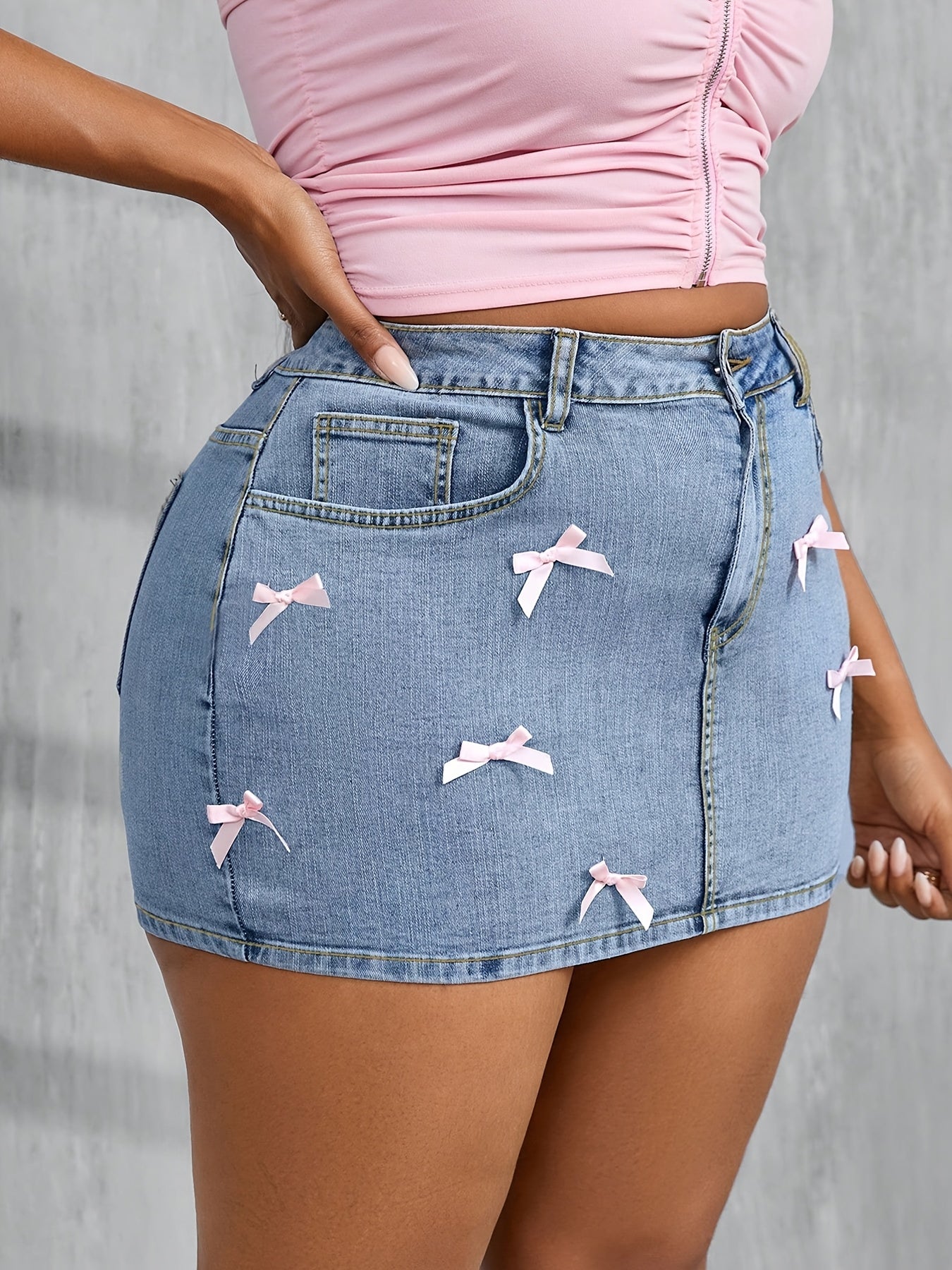 Plus Size Sexy Tight Denim Mini Skirt With Bow Decor, Blue