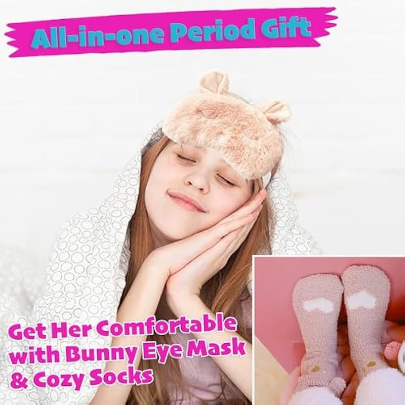 First Period kit for Girls 22 PC Period Packs for Young Girls First Time First Period Gift for Teen Girls with Sanitary Pad Storage Bag Wipes Bracelet Eye Mask Socks and More