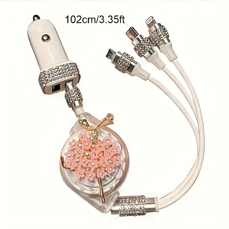 [3-in-1 Fashion USB Charging Cable] 1pc Durcord 3-in-1 Fashion USB Charging Cable, Rhinestone Embellished, Compatible with iPhone 16/15/14/13/12/11, Vivo, Oppo, Xiaomi, Huawei - Trendy Street Style Data Cord without Battery
