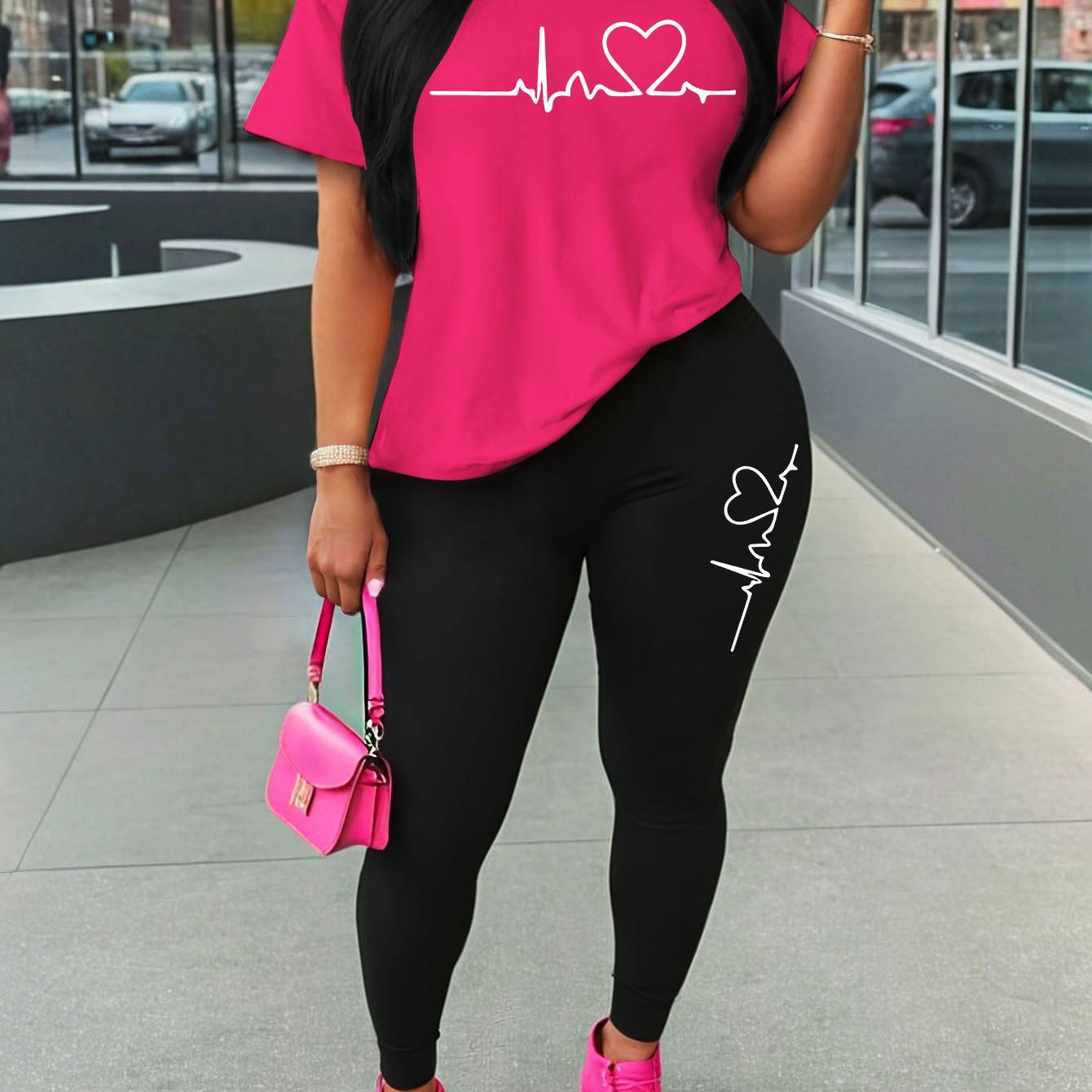 Women'S Love Heart Print Two-Piece Set, Casual Crew Neck Short Sleeve T-Shirt and Knit Polyester Leggings, All-Season Comfort, 96% Polyester 4% Spandex, 180gsm - Red
