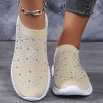 Women's Walking Sneakers With Rhinestone Decor, Breathable Fabric Casual Shoes, Comfortable Athletic Camp Shoes, Slip-on Trainer Footwear With Chunky Sole