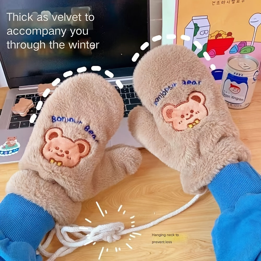 Cozycraft, Cozy Fleece-Lined Winter Gloves with Cute Bear Design - Windproof, Warm Mittens for Outdoor Activities, Non-Slip Touchscreen Compatible, Winter Accessories