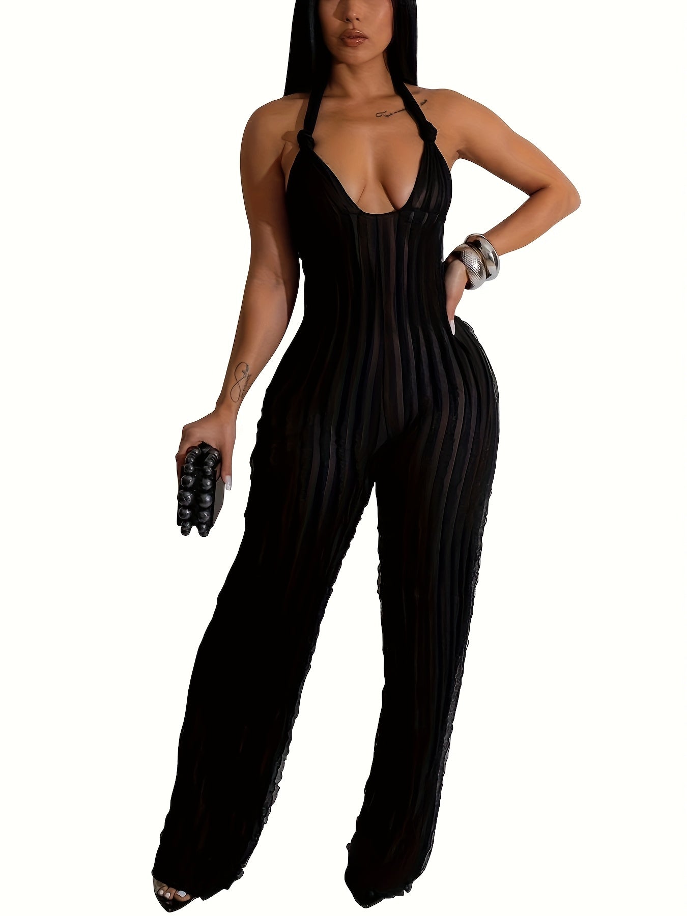 Royal Blue Halter Neck Jumpsuit for Women - Sexy Backless Pleated Wide Leg Romper, Boho Style, Deep V-Neck, Sleeveless, Machine Washable, Ladies Rompers And Jumpsuits